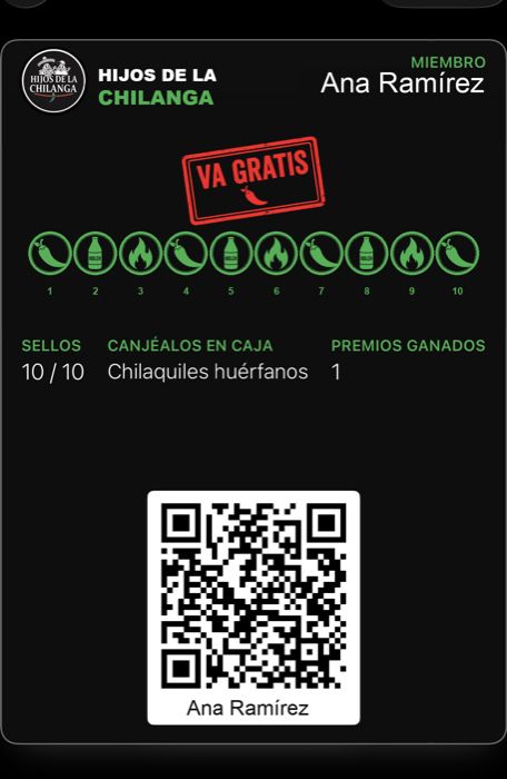 Tarjeta de lealtad de Hijos de la Chilanga en Apple Wallet, 10 de 10 sellos