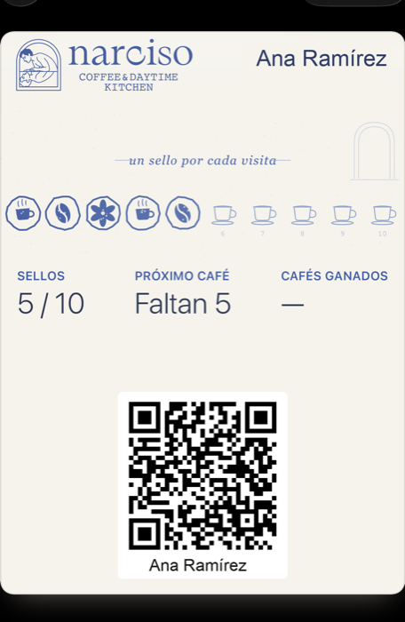 Tarjeta de lealtad de Narciso en Apple Wallet, 5 de 10 sellos